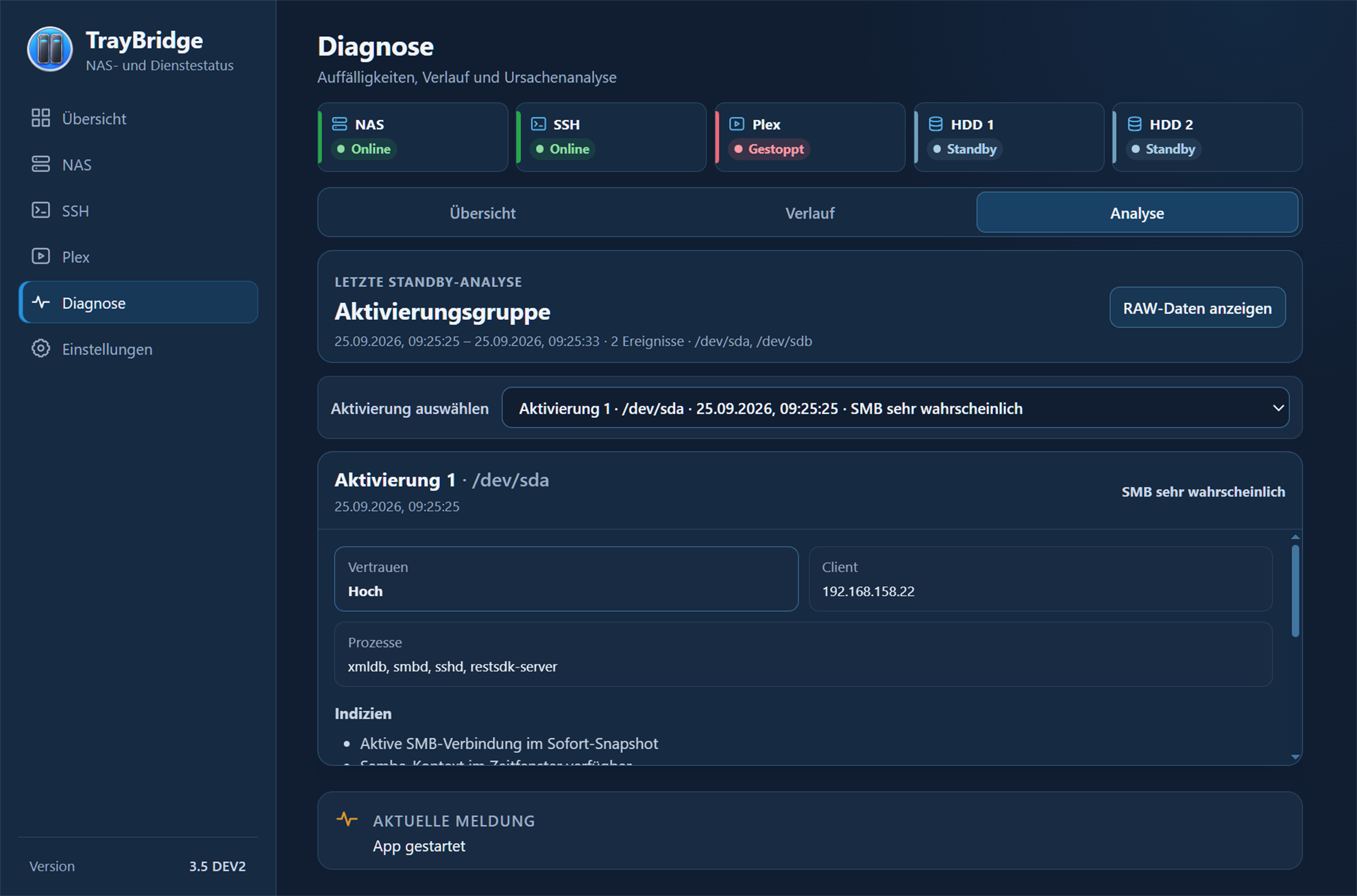 TrayBridge Diagnoseanalyse mit Aktivierungsgruppe, Prozessen und Indizien