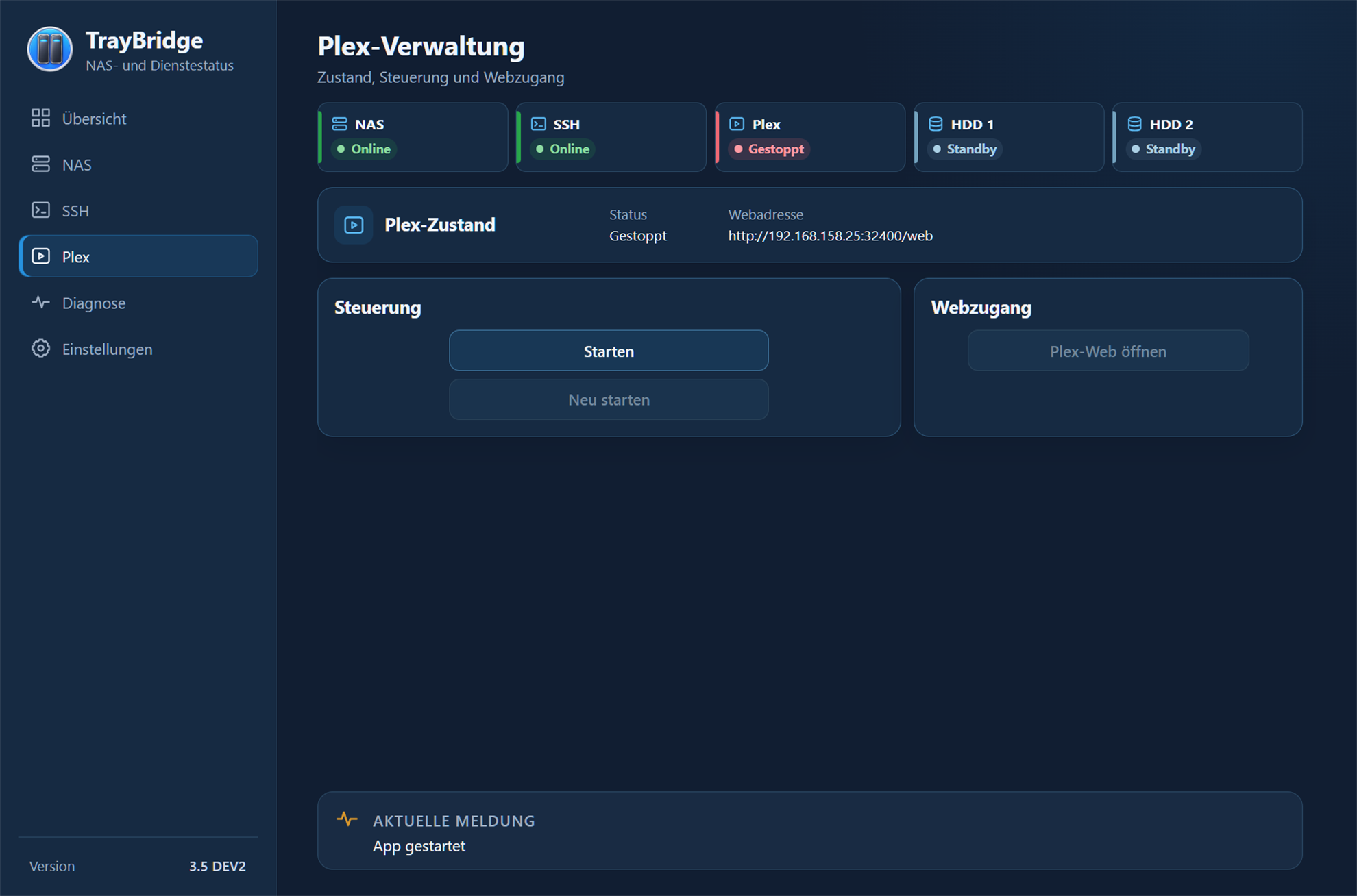 TrayBridge Plex-Verwaltung mit Plex-Zustand und Steuerungsaktionen