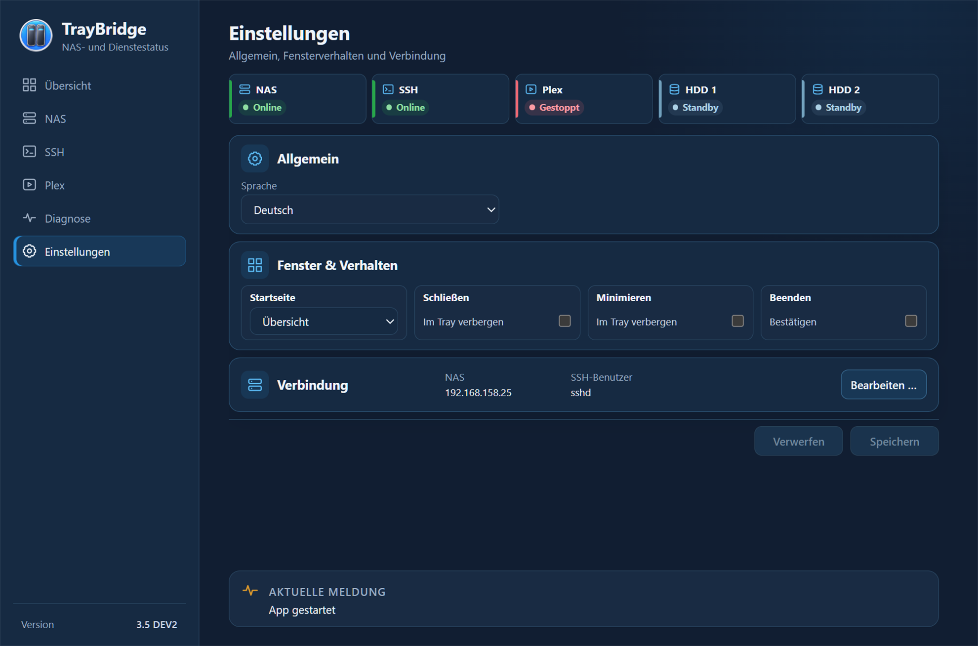TrayBridge Einstellungen für Sprache, Fensterverhalten und Verbindung