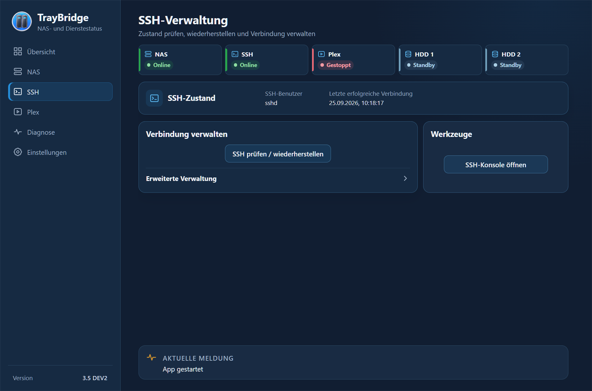 TrayBridge SSH-Verwaltung mit Verbindungsstatus und SSH-Werkzeugen